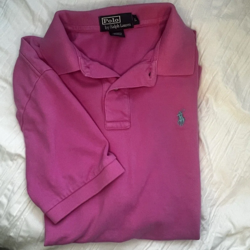 Polo Ralph Lauren‎ Mens Pink Polo Large Blue Horse 100% Cotton Preppy